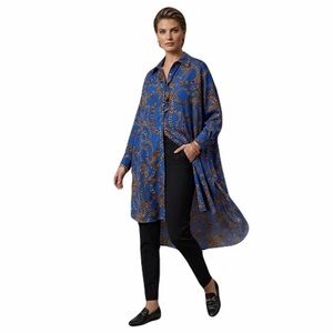 Ups & Downs Woman’s Blue & Gold Chain Patterned High Low Cuff Ruana Kimono